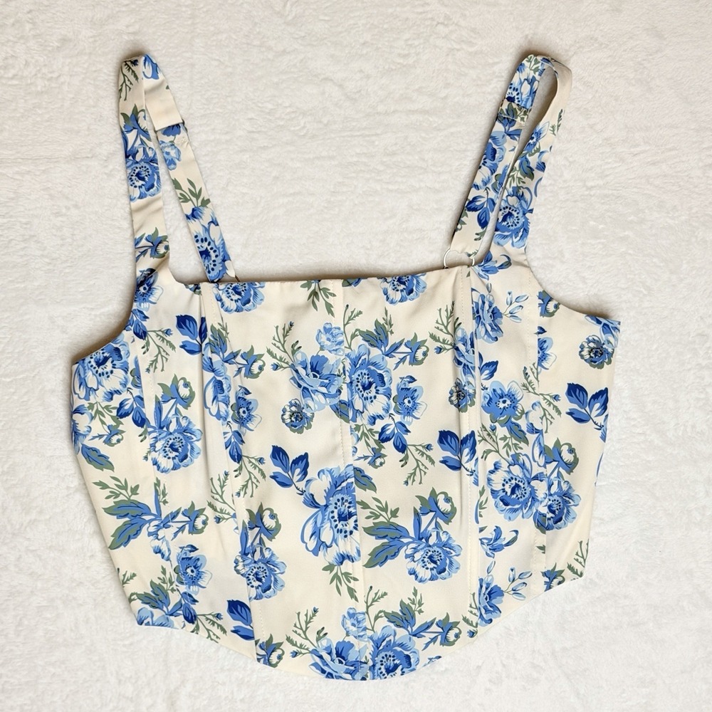 Scarlet Darkness Blue Floral Corset Crop Top NWT Cottagecore Milkmaid Coquette M